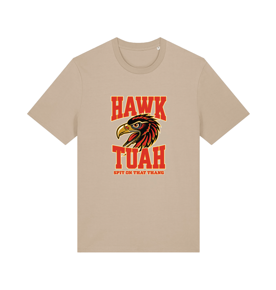 beige funny offensive t-shirt with the graphic of an eagles head and the slogan 'hawk tuah spit on that thang'