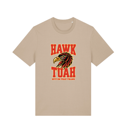 beige funny offensive t-shirt with the graphic of an eagles head and the slogan 'hawk tuah spit on that thang'