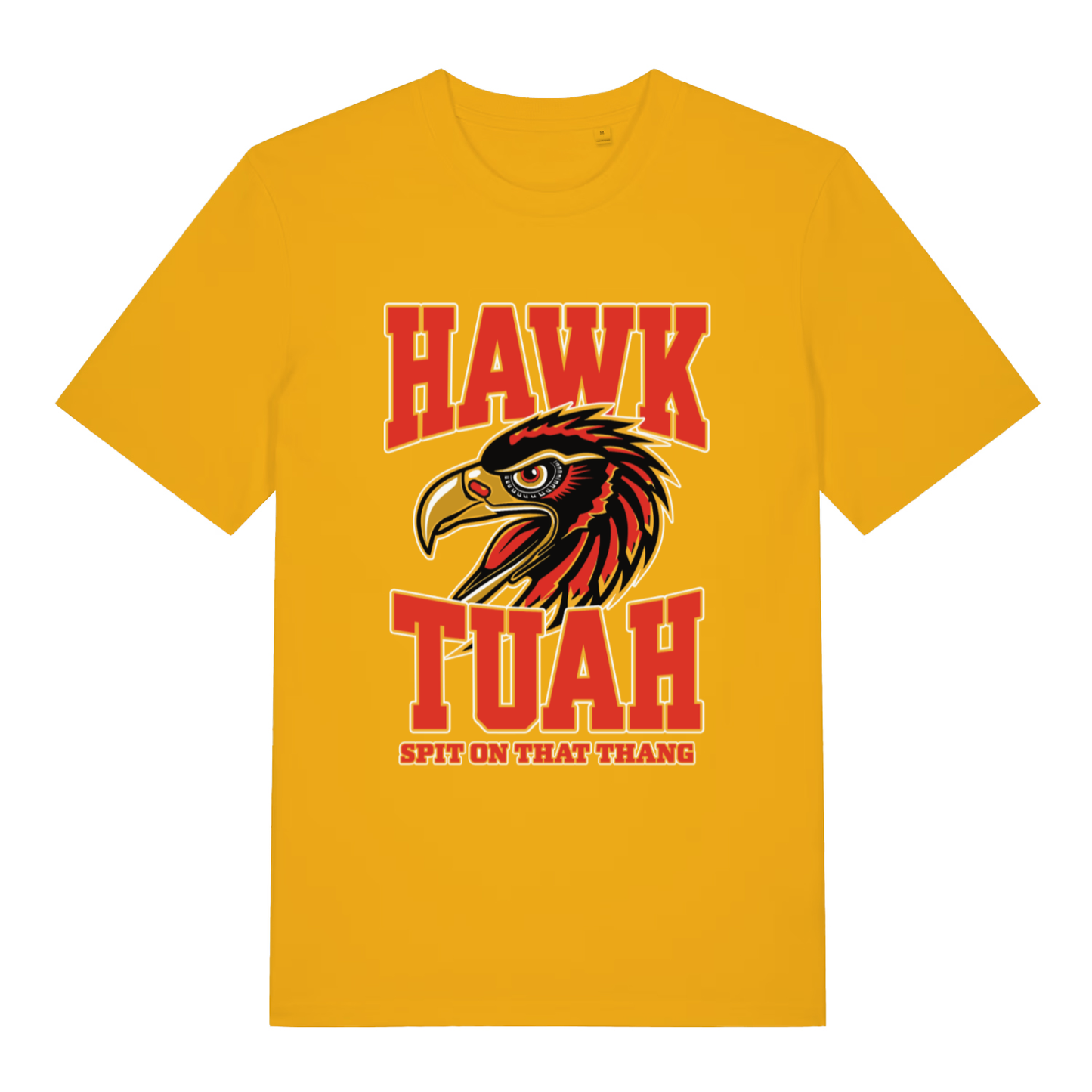 Spectra Yellow Hawk Tuah T-shirt flat lay showing "spit on that thang" eagle graphic