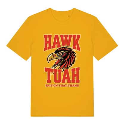 Spectra Yellow Hawk Tuah T-shirt flat lay showing "spit on that thang" eagle graphic