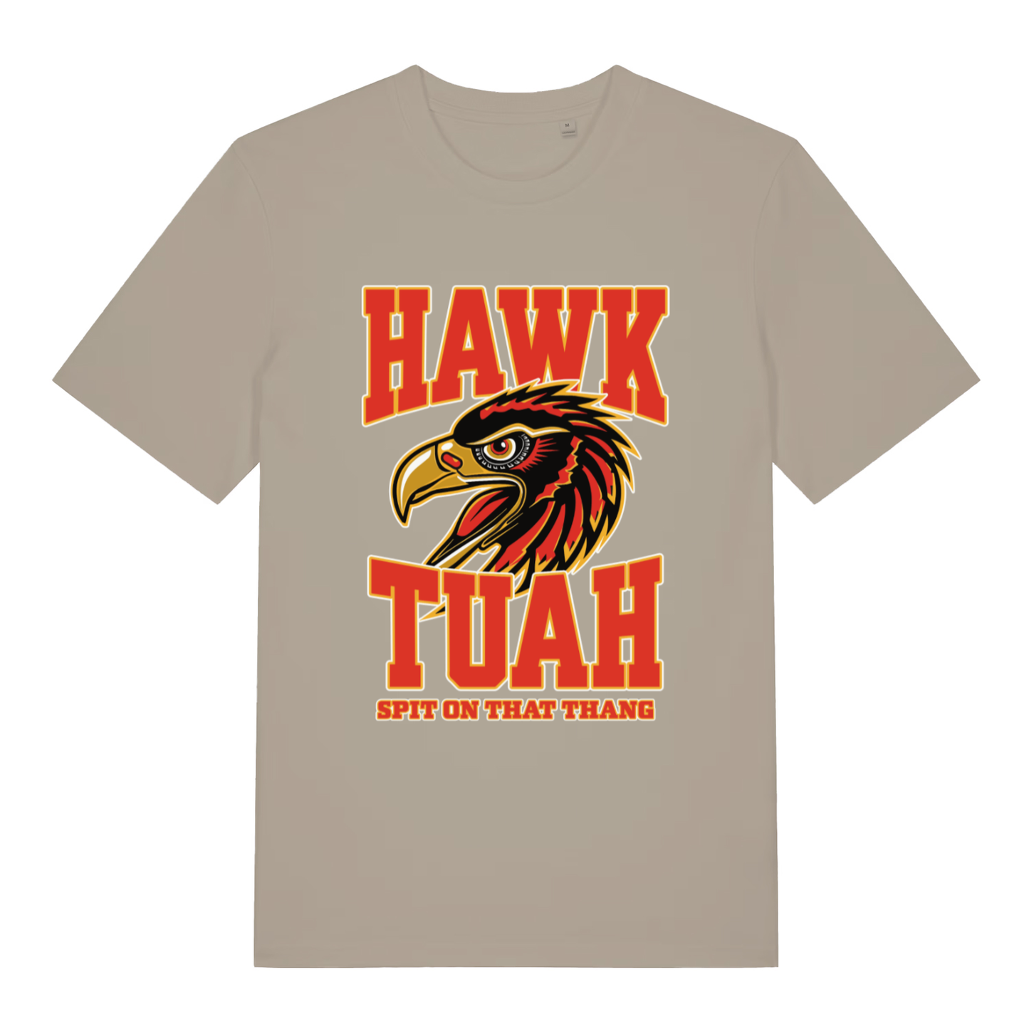 Stone Hawk Tuah T-shirt flat lay with humorous viral meme eagle head illustration