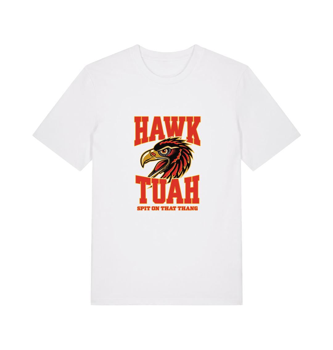 white funny offensive t-shirt with the graphic of an eagles head and the slogan 'hawk tuah spit on that thang'