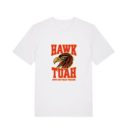 white funny offensive t-shirt with the graphic of an eagles head and the slogan 'hawk tuah spit on that thang'