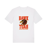 white funny offensive t-shirt with the graphic of an eagles head and the slogan 'hawk tuah spit on that thang'