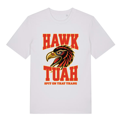 White Hawk Tuah T-shirt flat lay displaying "Hawk Tuah" eagle slogan graphic
