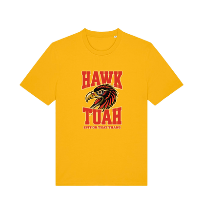 yellow funny offensive t-shirt with the graphic of an eagles head and the slogan 'hawk tuah spit on that thang'