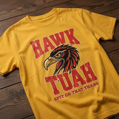 Yellow Hawk Tuah Spit on That Thang t-shirt on wood featuring hawk head graphic, mens witty viral meme