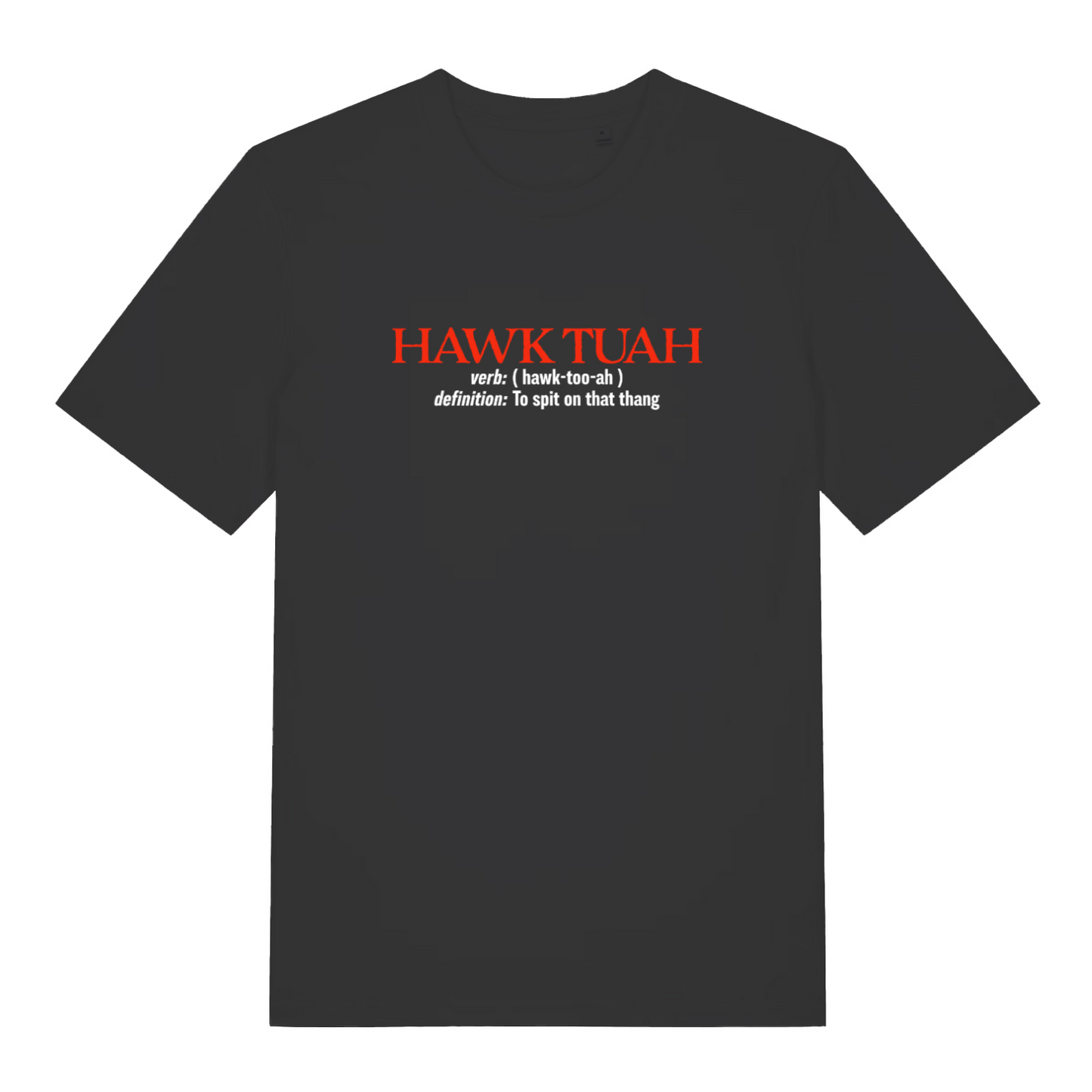 black funny slogan t-shirt with the text 'hawk tuah, definition to spit on that thing'