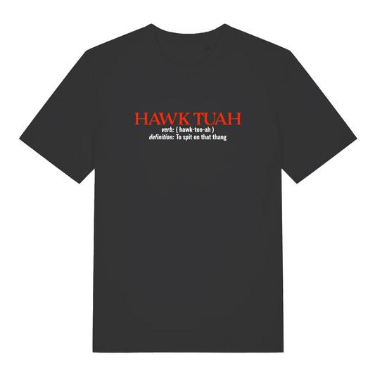 black funny slogan t-shirt with the text 'hawk tuah, definition to spit on that thing'