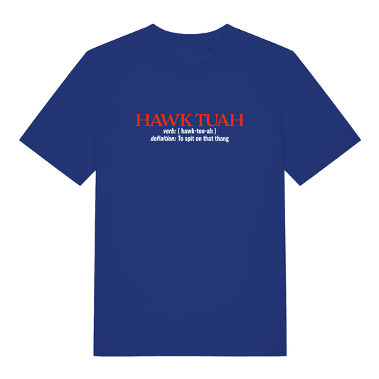 blue funny slogan t-shirt with the text 'hawk tuah, definition to spit on that thing'
