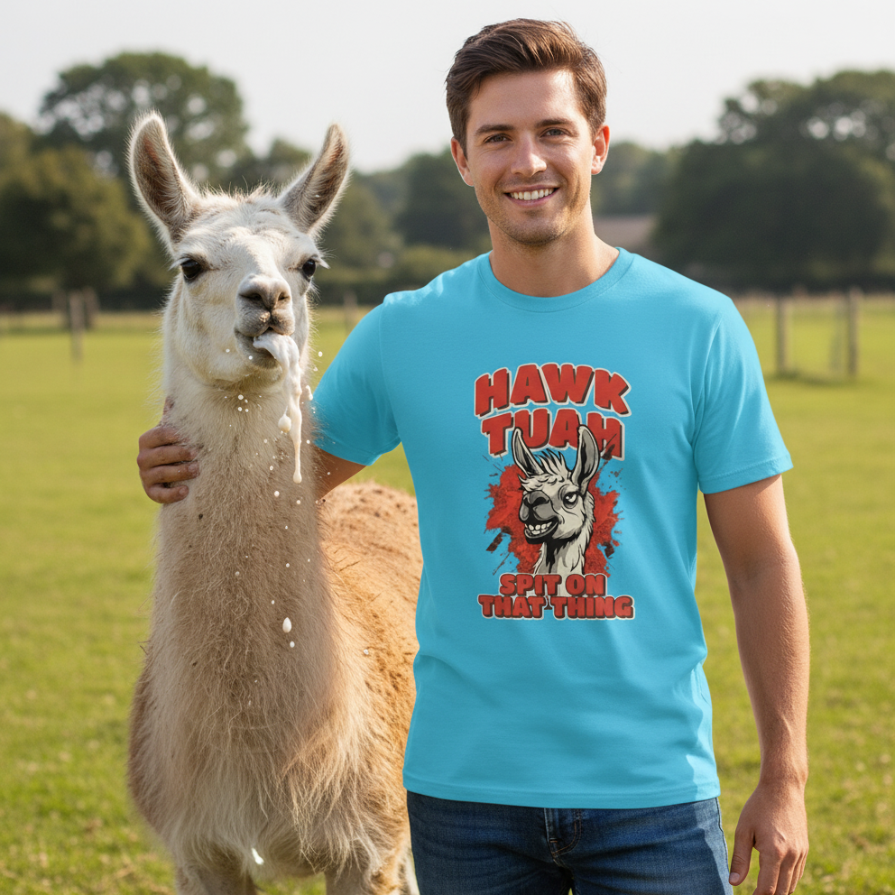 Man wearing a blue t-shirt with a graphic design of a llama and text, standing next to a llama in an outdoor setting.