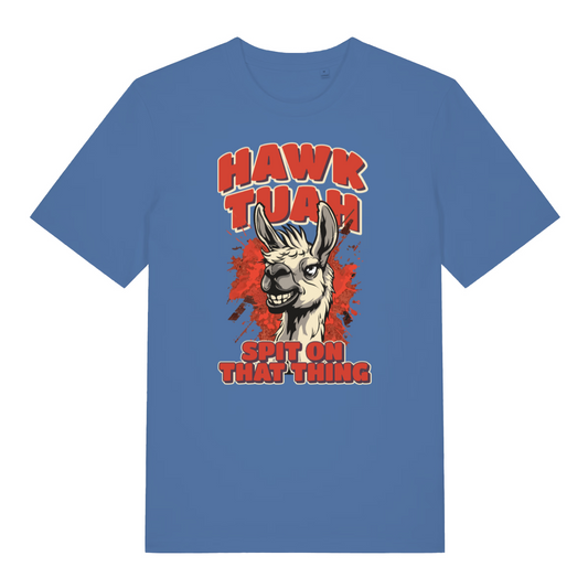 blue funny offensive t-shirt with the graphic of a llama and the slogan 'hawk tuah spit on that thing'