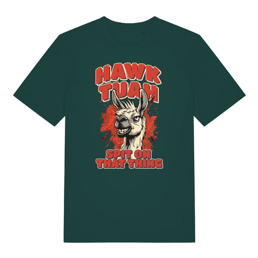 green funny offensive t-shirt with the graphic of a llama and the slogan 'hawk tuah spit on that thing'