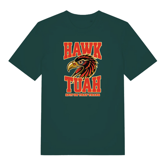 green funny offensive t-shirt with the graphic of an eagle and the slogan 'hawk tuah'