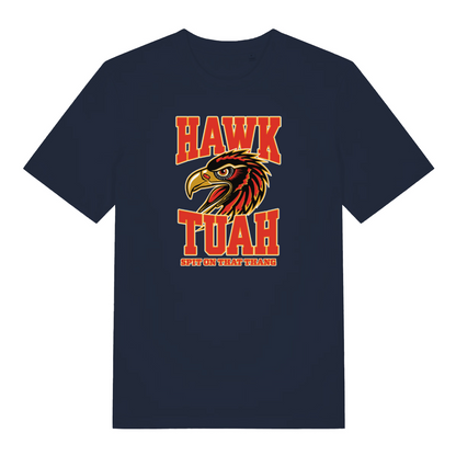 navy funny offensive t-shirt with the graphic of an eagle and the slogan 'hawk tuah'