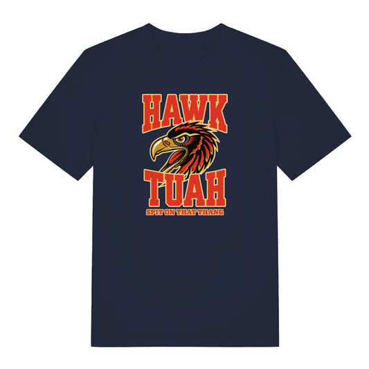 navy funny offensive t-shirt with the graphic of an eagle and the slogan 'hawk tuah'