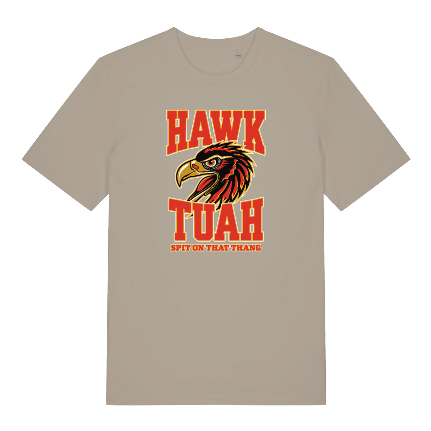 stone funny offensive t-shirt with the graphic of an eagle and the slogan 'hawk tuah'