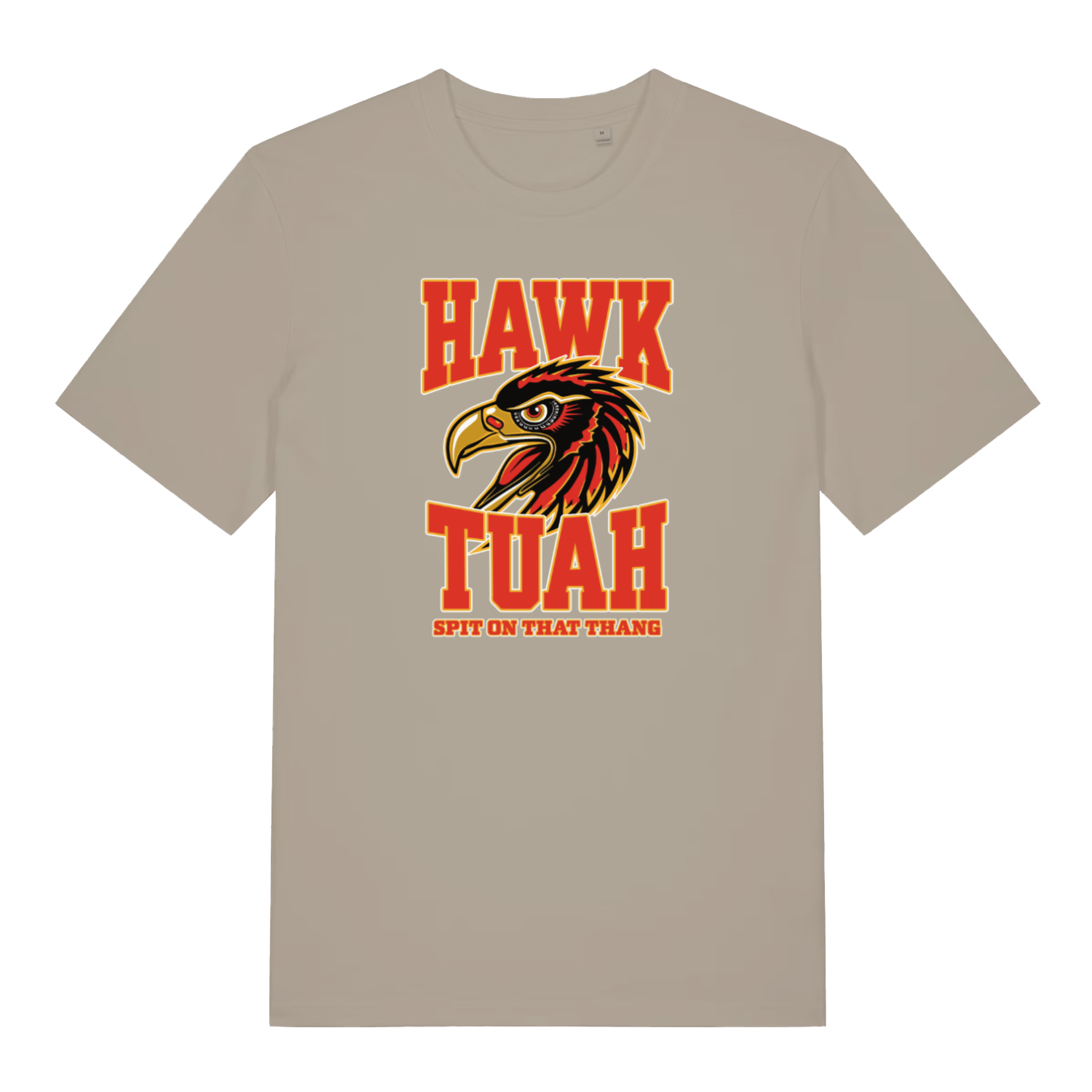 stone funny offensive t-shirt with the graphic of an eagle and the slogan 'hawk tuah'