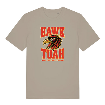 stone funny offensive t-shirt with the graphic of an eagle and the slogan 'hawk tuah'