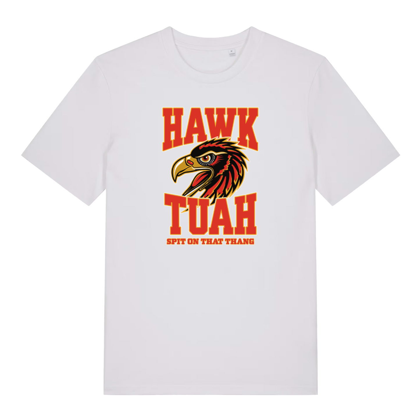 white funny offensive t-shirt with the graphic of an eagle and the slogan 'hawk tuah'