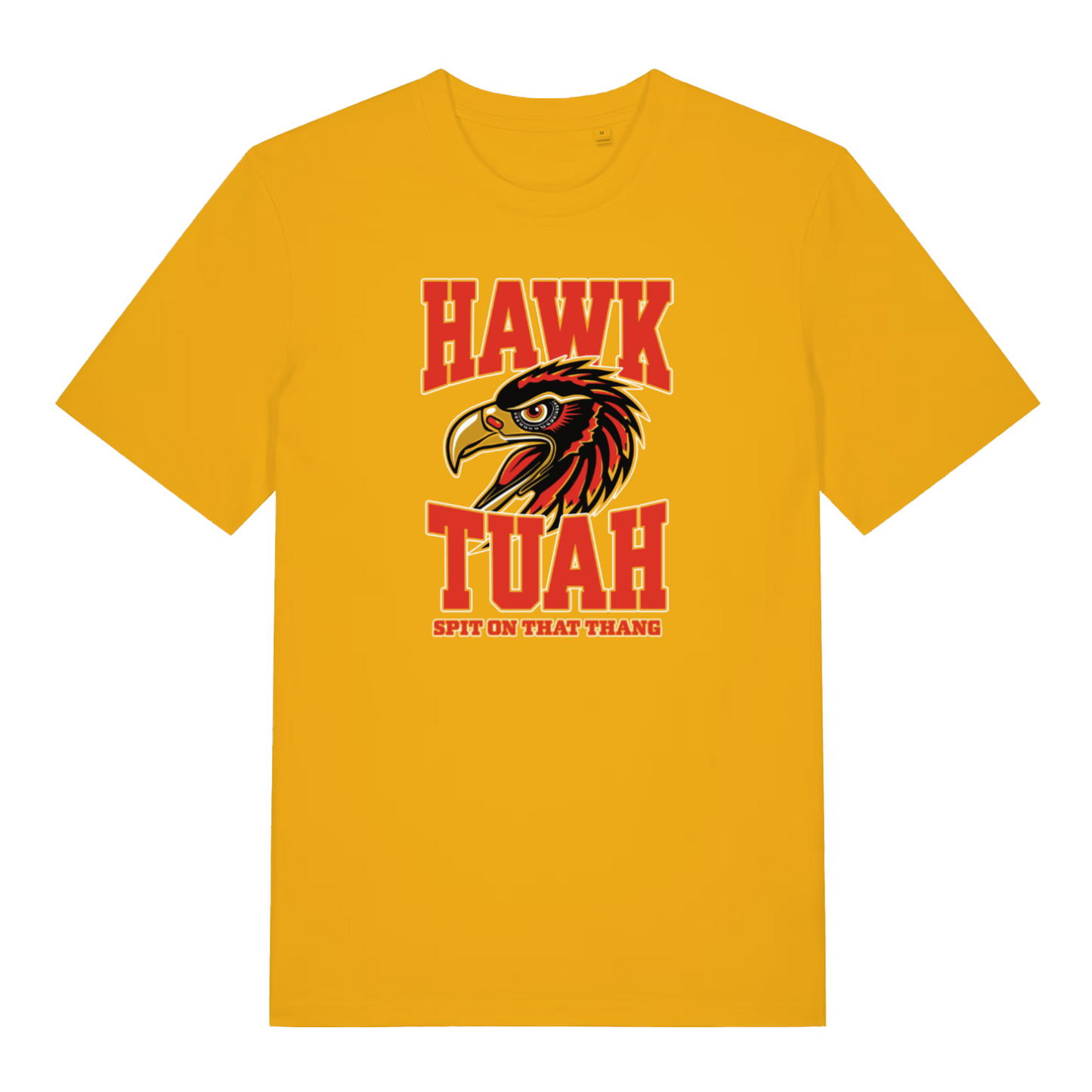 yellow funny offensive t-shirt with the graphic of an eagle and the slogan 'hawk tuah'
