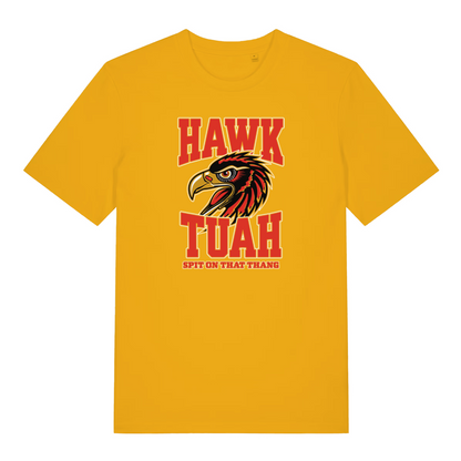yellow funny offensive t-shirt with the graphic of an eagle and the slogan 'hawk tuah'