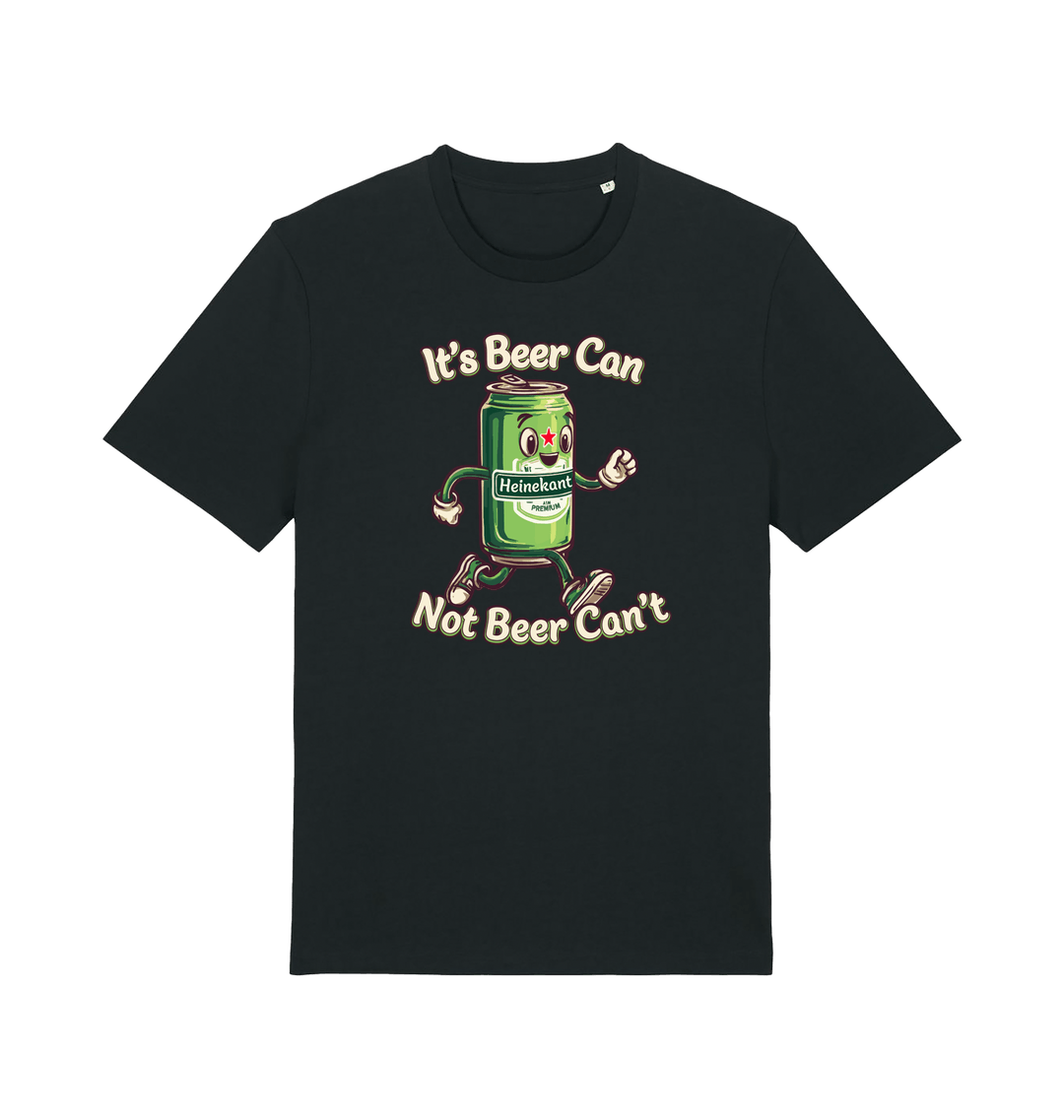 black funny graphic t-shirt with a cartoon beer can and the slogan 'its beer can not beer cant'
