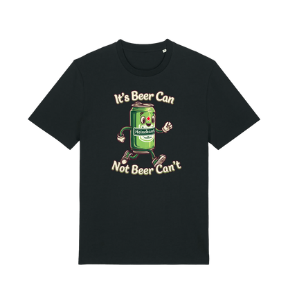 black funny graphic t-shirt with a cartoon beer can and the slogan 'its beer can not beer cant'