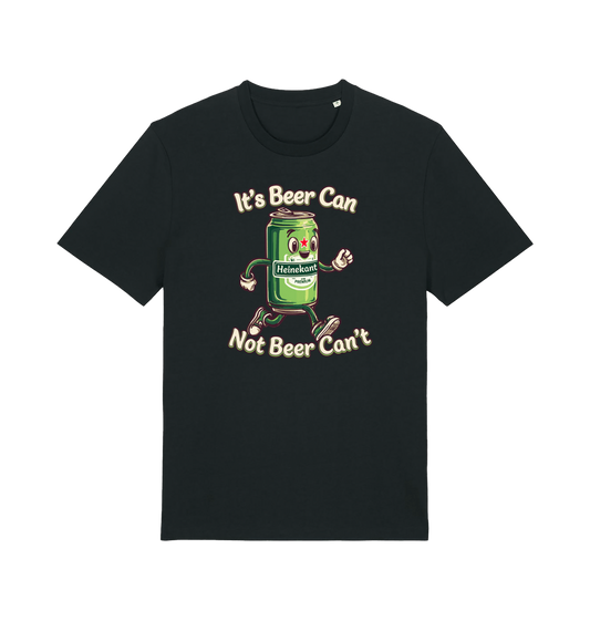black funny graphic t-shirt with a cartoon beer can and the slogan 'its beer can not beer cant'