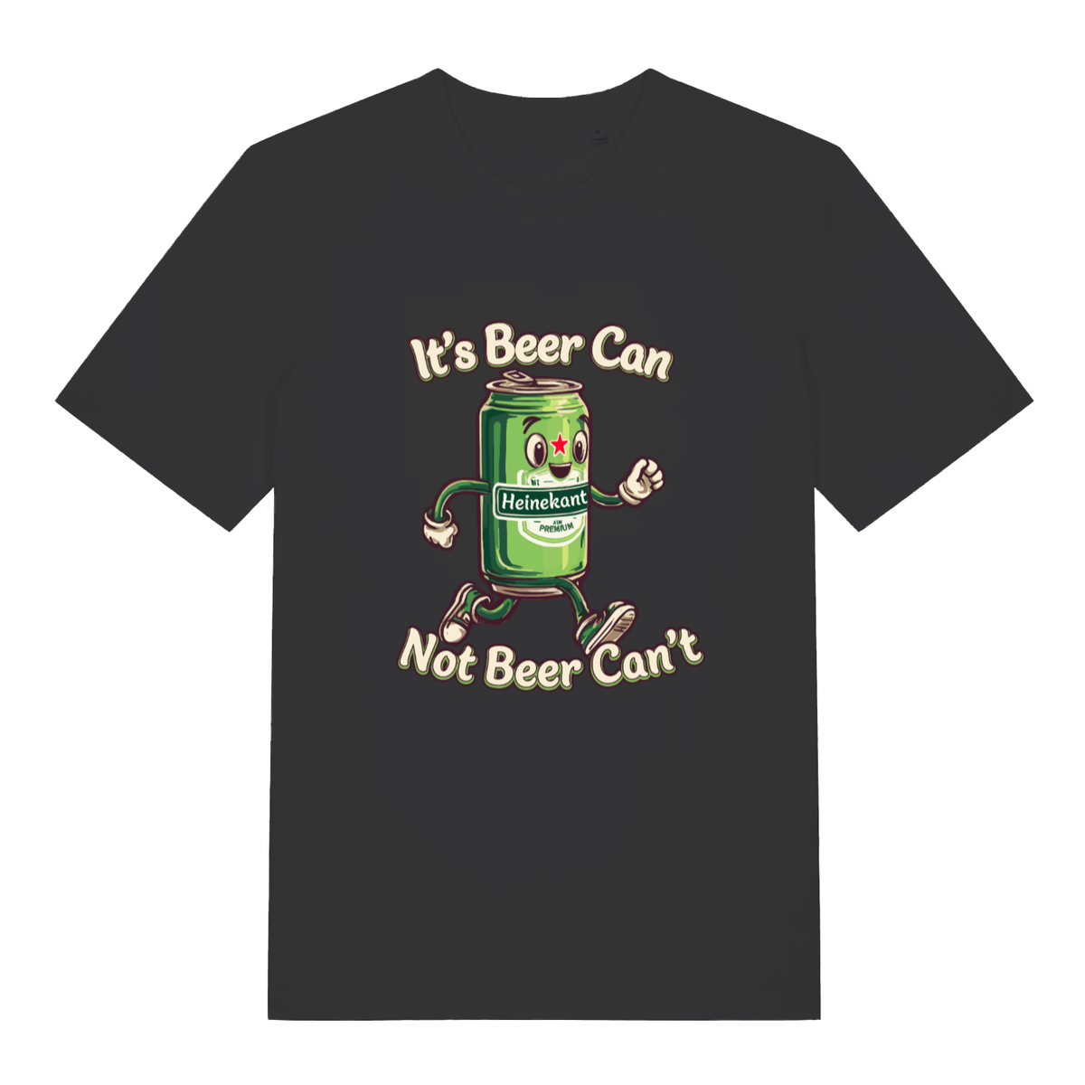Black Heinekant T-shirt flat lay with funny cartoon beer can "It's Beer Can Not Beer Can't" pun graphic