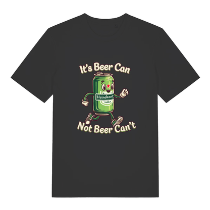 Black Heinekant T-shirt flat lay with funny cartoon beer can "It's Beer Can Not Beer Can't" pun graphic