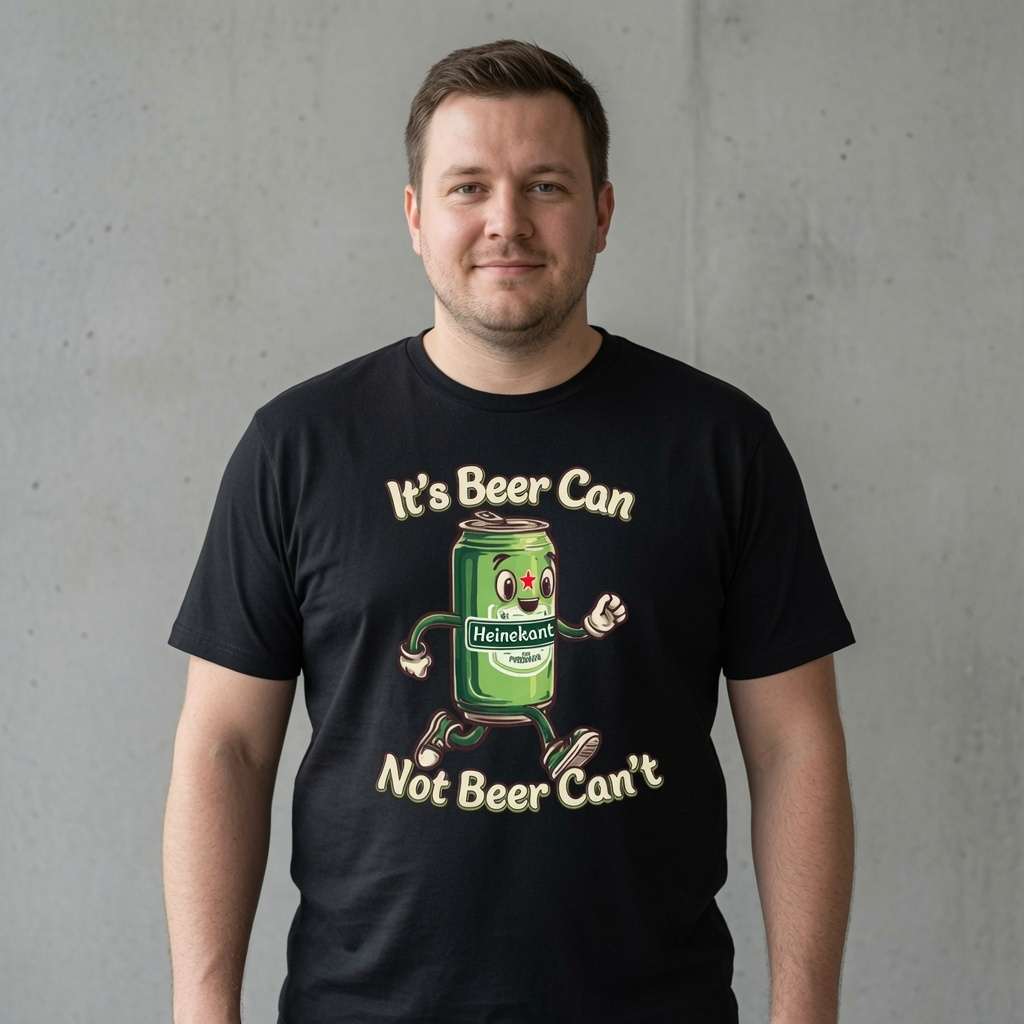Man against concrete wall in black It’s Beer Can Not Beer Can’t tee with beer can graphic, men funny beer banter