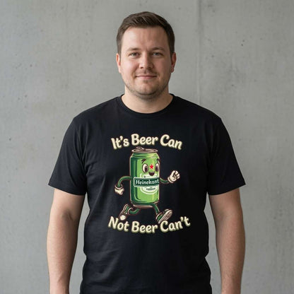 Man against concrete wall in black It’s Beer Can Not Beer Can’t tee with beer can graphic, men funny beer banter