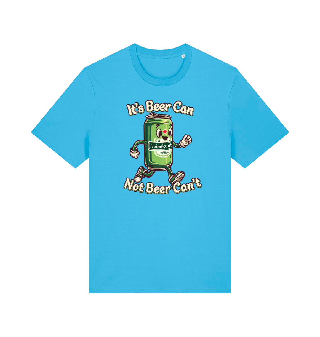 blue funny graphic t-shirt with a cartoon beer can and the slogan 'its beer can not beer cant'