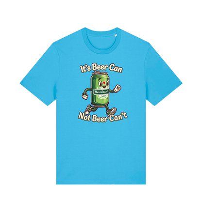 blue funny graphic t-shirt with a cartoon beer can and the slogan 'its beer can not beer cant'