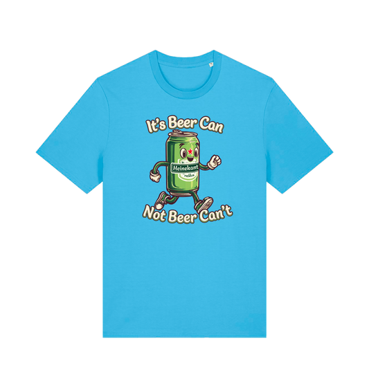 blue funny graphic t-shirt with a cartoon beer can and the slogan 'its beer can not beer cant'