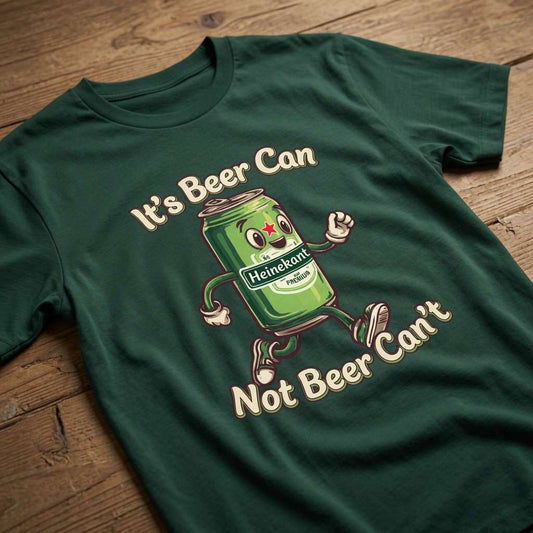 Glazed green It’s Beer Can Not Beer Can’t t-shirt on wood featuring running beer can, mens funny pub beer banter