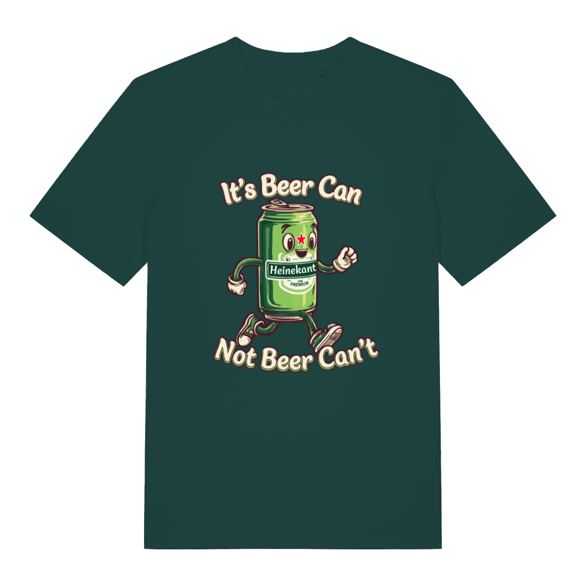 Glazed Green Heinekant T-shirt flat lay featuring running beer can pub banter design