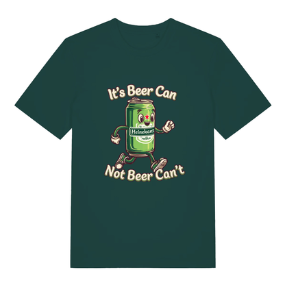 Glazed Green Heinekant T-shirt flat lay featuring running beer can pub banter design