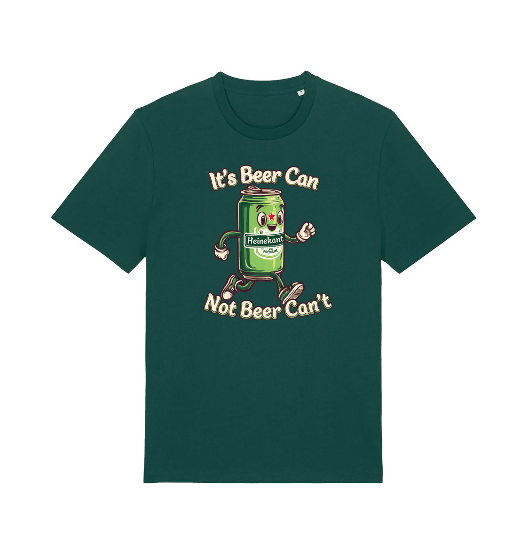 green funny graphic t-shirt with a cartoon beer can and the slogan 'its beer can not beer cant'