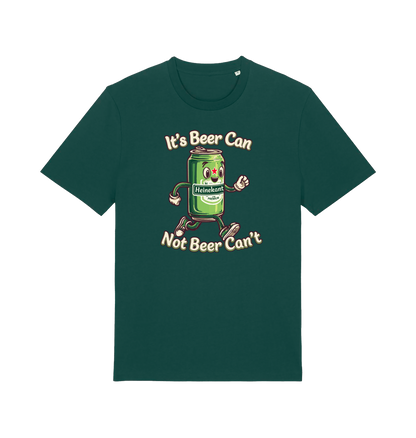 green funny graphic t-shirt with a cartoon beer can and the slogan 'its beer can not beer cant'