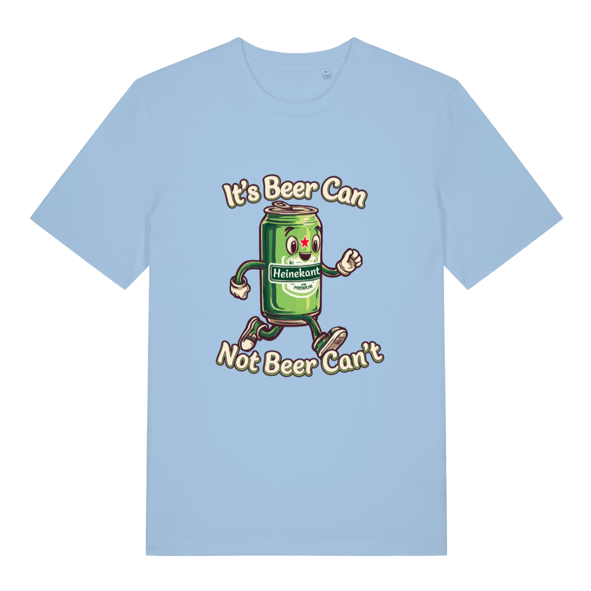 Light Blue Heinekant T-shirt flat lay showing humorous "Heinekan't" beer pun illustration