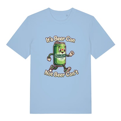 Light Blue Heinekant T-shirt flat lay showing humorous "Heinekan't" beer pun illustration