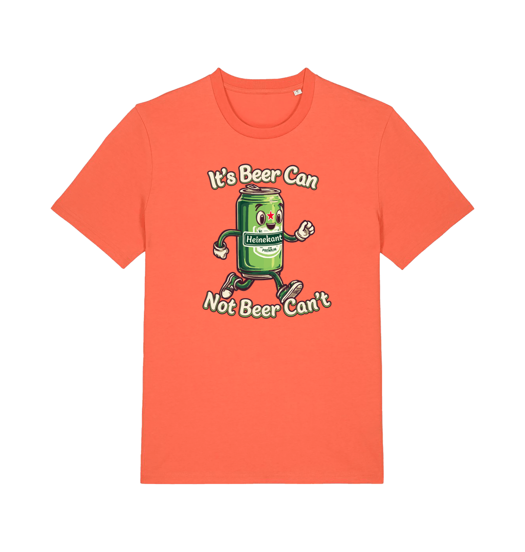 orange funny graphic t-shirt with a cartoon beer can and the slogan 'its beer can not beer cant'