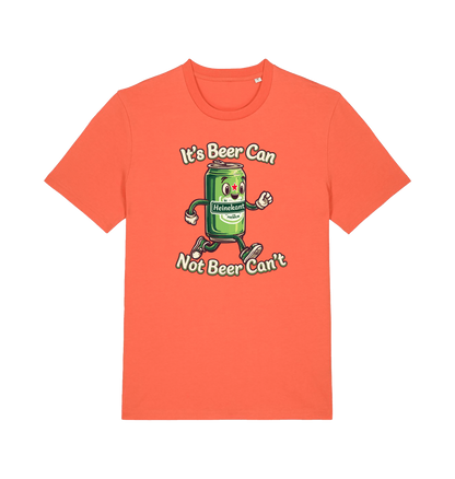 orange funny graphic t-shirt with a cartoon beer can and the slogan 'its beer can not beer cant'