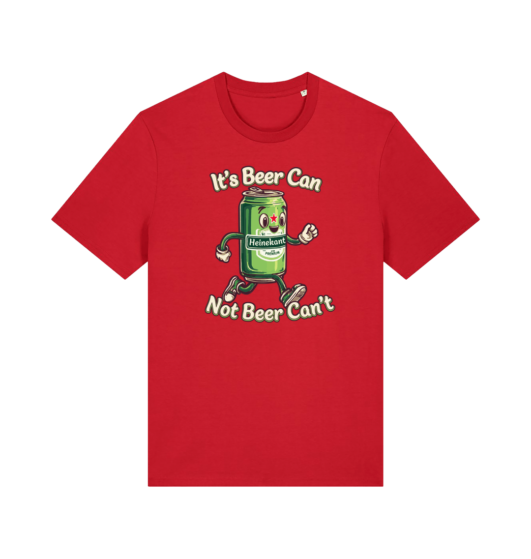 red funny graphic t-shirt with a cartoon beer can and the slogan 'its beer can not beer cant'