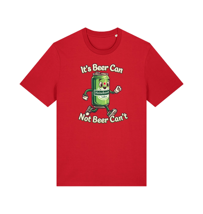 red funny graphic t-shirt with a cartoon beer can and the slogan 'its beer can not beer cant'