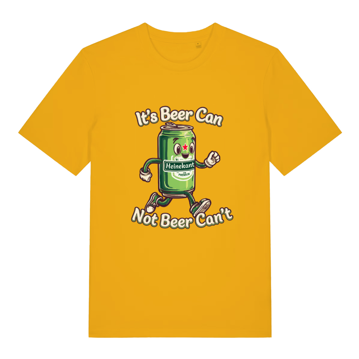 Spectra Yellow Heinekant T-shirt flat lay with funny cartoon beer can slogan graphic
