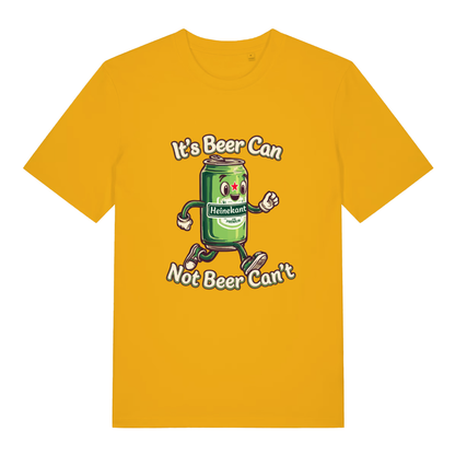 Spectra Yellow Heinekant T-shirt flat lay with funny cartoon beer can slogan graphic
