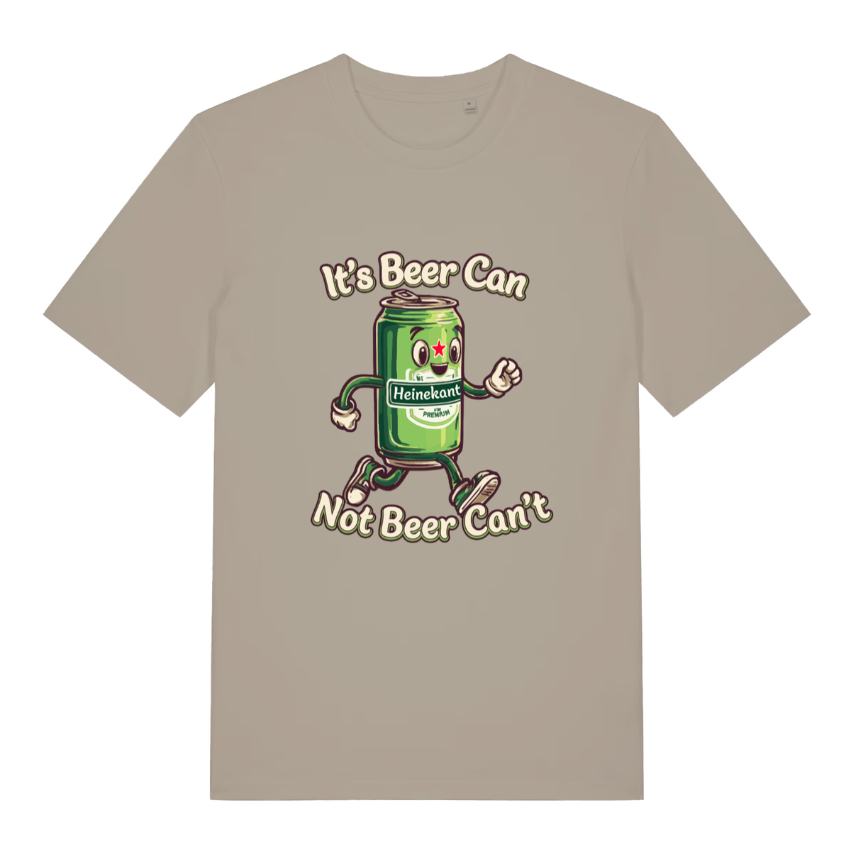 Stone Heinekant T-shirt flat lay displaying "It's Beer Can Not Beer Can't" pun design